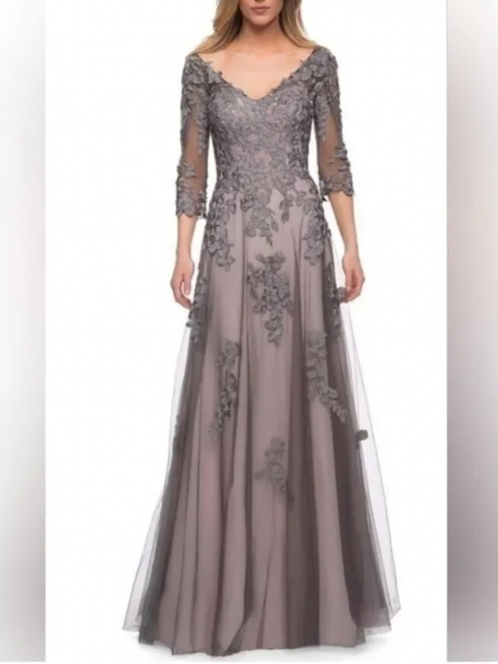 La femme lace and tulle A line V neck gown